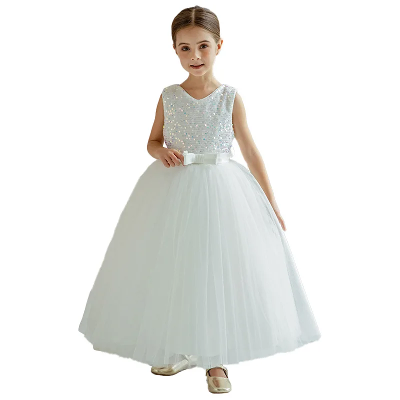 Girl Elegant Party Luxury Formal Wedding Bridesmaid Dress Children's Graduation White Dresses For 8 12 To 14 Years Girls Clothes