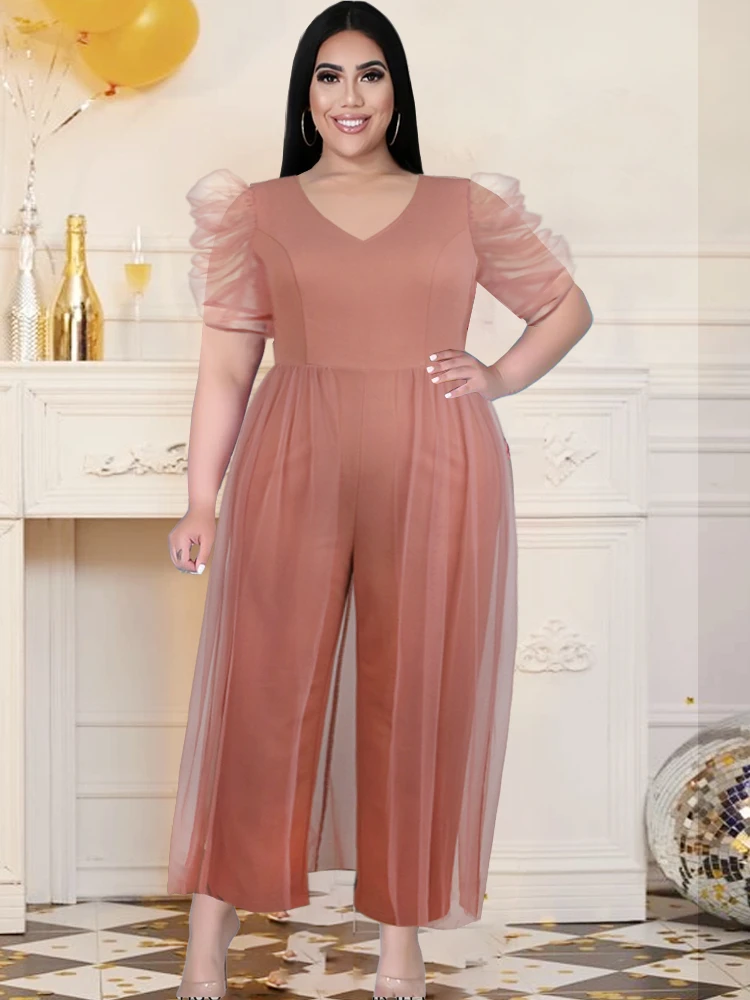 Bodycon Jumpsuit ผู้หญิง V คอสั้นแขนยาวเอวสูงขากว้างกางเกง Overalls Plus ขนาด4XL 5XL สำนักงาน Evening Party bodysuits