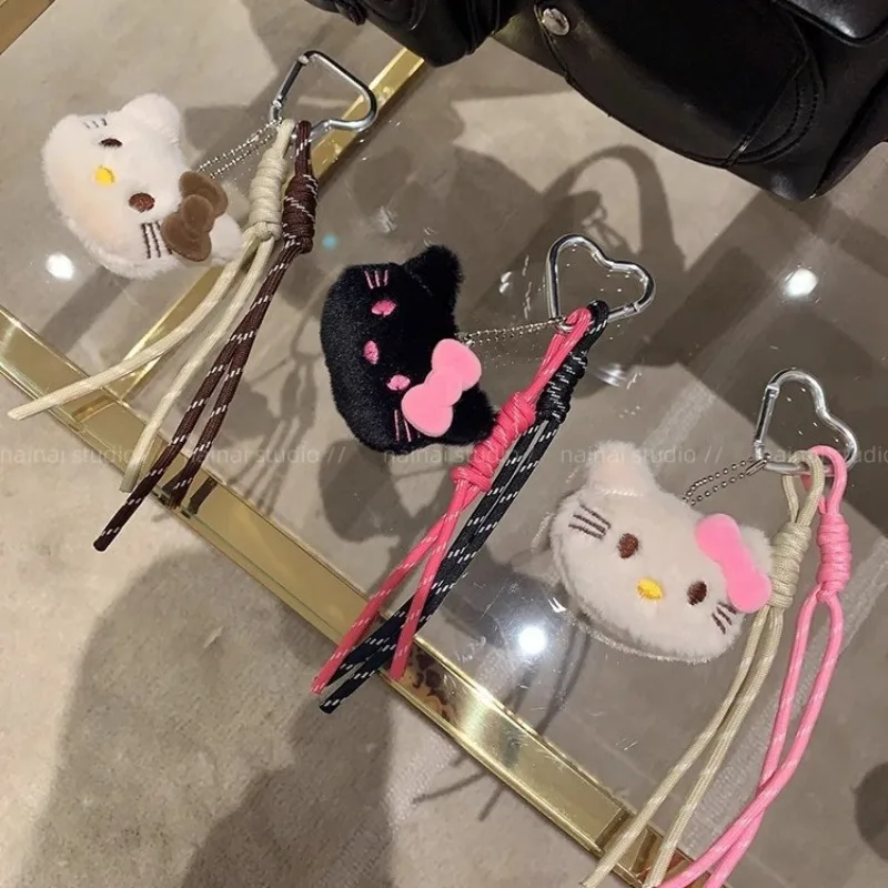 Anime Ins Nische Baseball Schwarz Leder Hellokitty Auto Schlüsselbund Tasche Anhänger Handgemachte Paar Kawaii Gewebt Lanyard Tasche Hängen Geschenk