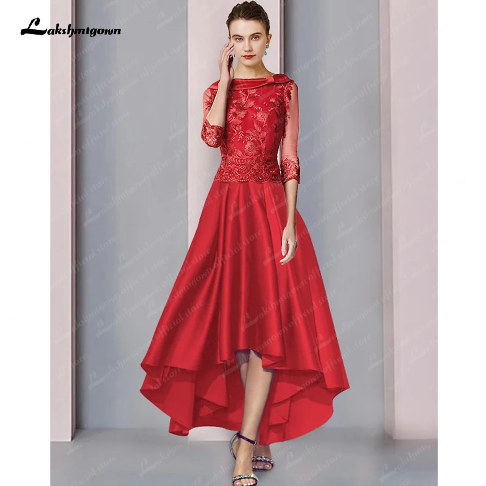 

Elegant High Low Mother of the Bride Dress Formal Wedding Guest Scoop Neck Asymmetrical Tea Length Satin Lace 3/4 Length Sleeve