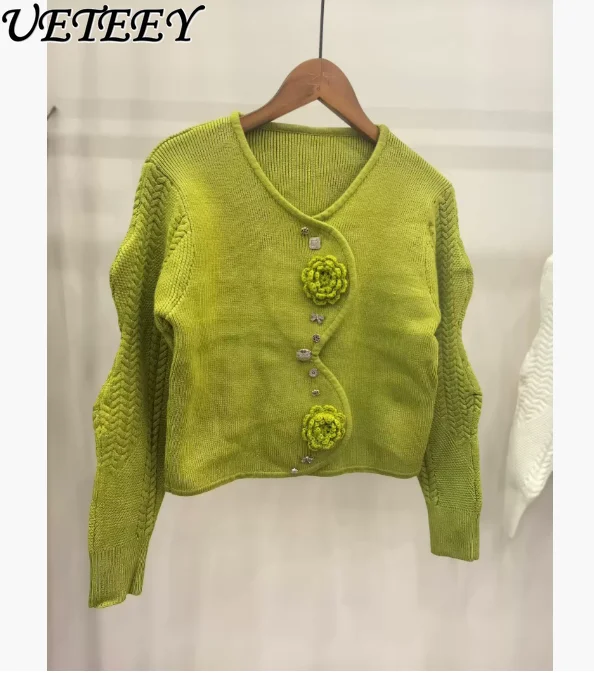 2026 início da primavera novo design elegante moda onda borda artesanal crochê camisola versátil curto de malha cardigan topo