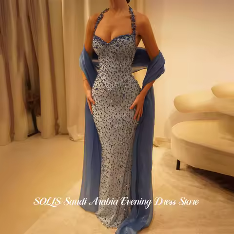 SOLIS Dusty Blue Party Dress Halter Neck Evening Dress Mermaid فساتين السهرة Full Beaded Bodice Modest Customized