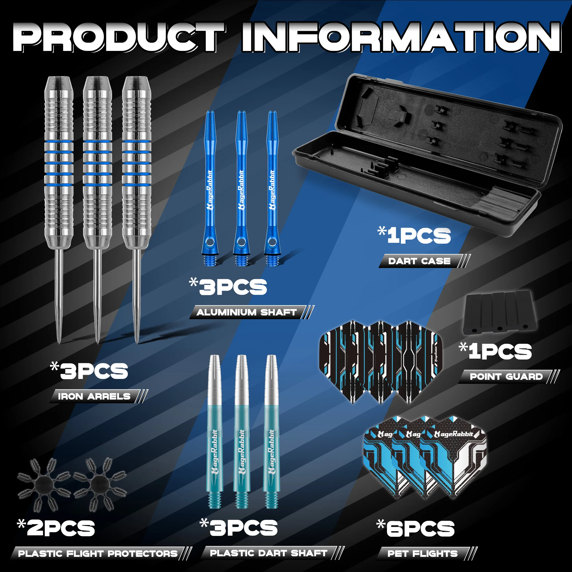 MageRabbit Professional Player Piece Darts Set - 2 Stem Sets, 2 Flight Sets & Accessories - 20g Steel Tip Dart