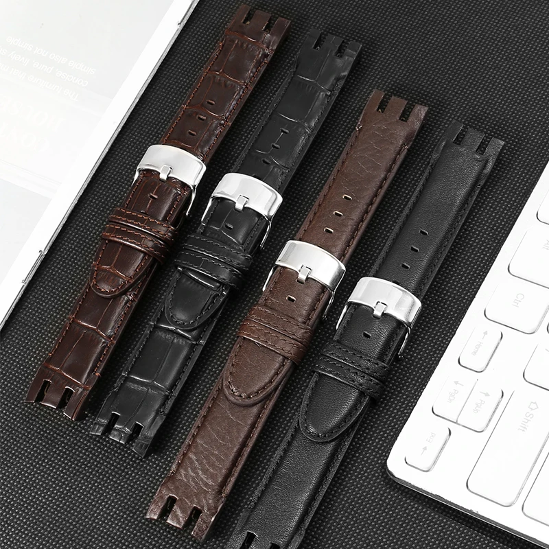 Genuine Leather Watchband Men's Pin Buckle Accessories YRS403 412 402G Series Swatch Black Brown Arc Notch Watch Chain 21mm