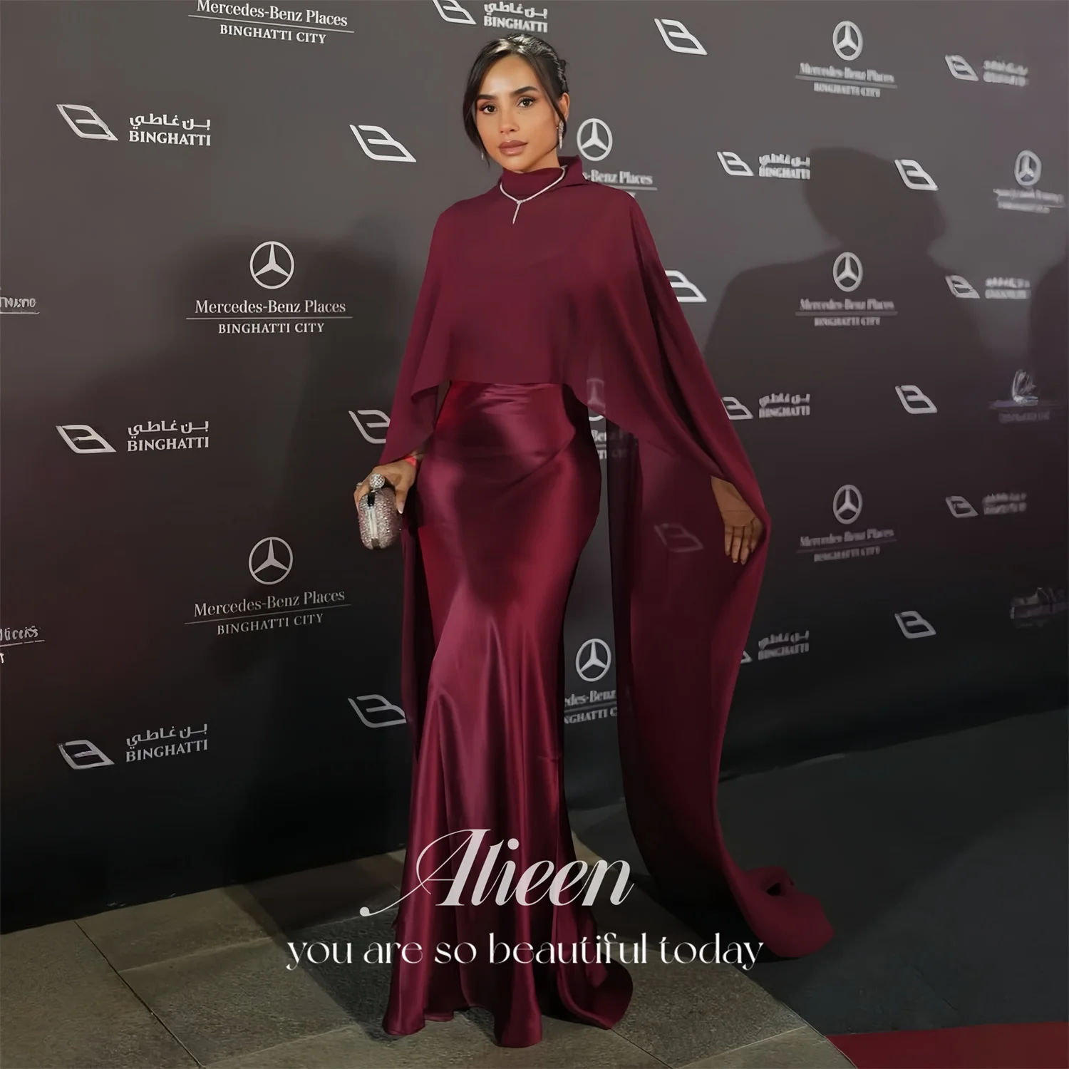 

Evening Dress Women European Burgundy Satin Mermaid Cape Formal Events Aileen Long Floor-Length 2026 Customized Robes de Soirée