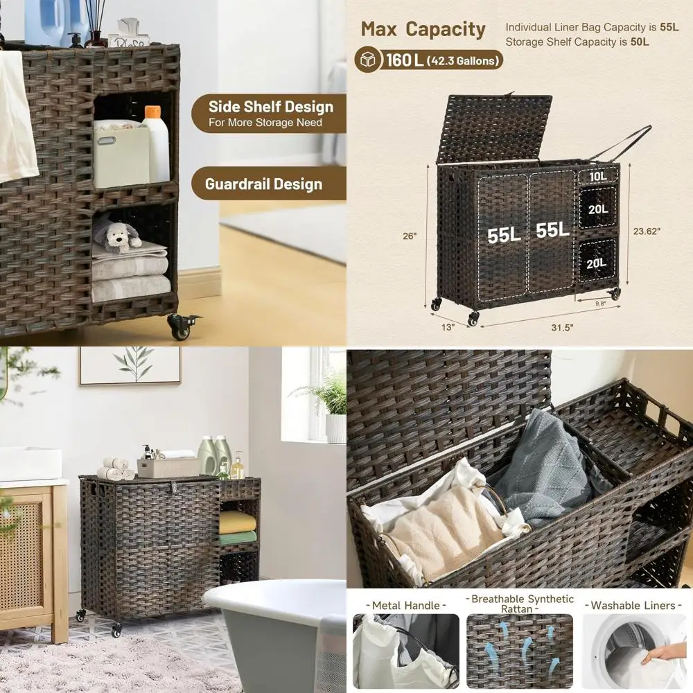 

Rolling 42.3 Gal Rattan Laundry Hamper with 4 Removable Liners & 3 Mesh Bags, Organizer for Home Use