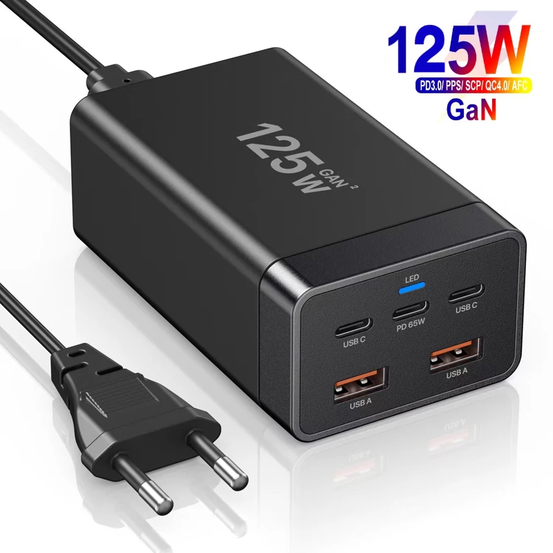 125W GaN Desktop Fast Charger USB C Charging Station PD 65W Type C Power Adapter for iPhone 15 MacBook Air Xiaomi ASUS Laptop