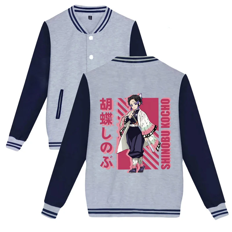 เสื้อกันหนาวพิมพ์ลาย kochou Shinobu, jaket baseball ใหม่สำหรับผู้หญิงผู้ชายเสื้อผ้าฮาราจูกุ