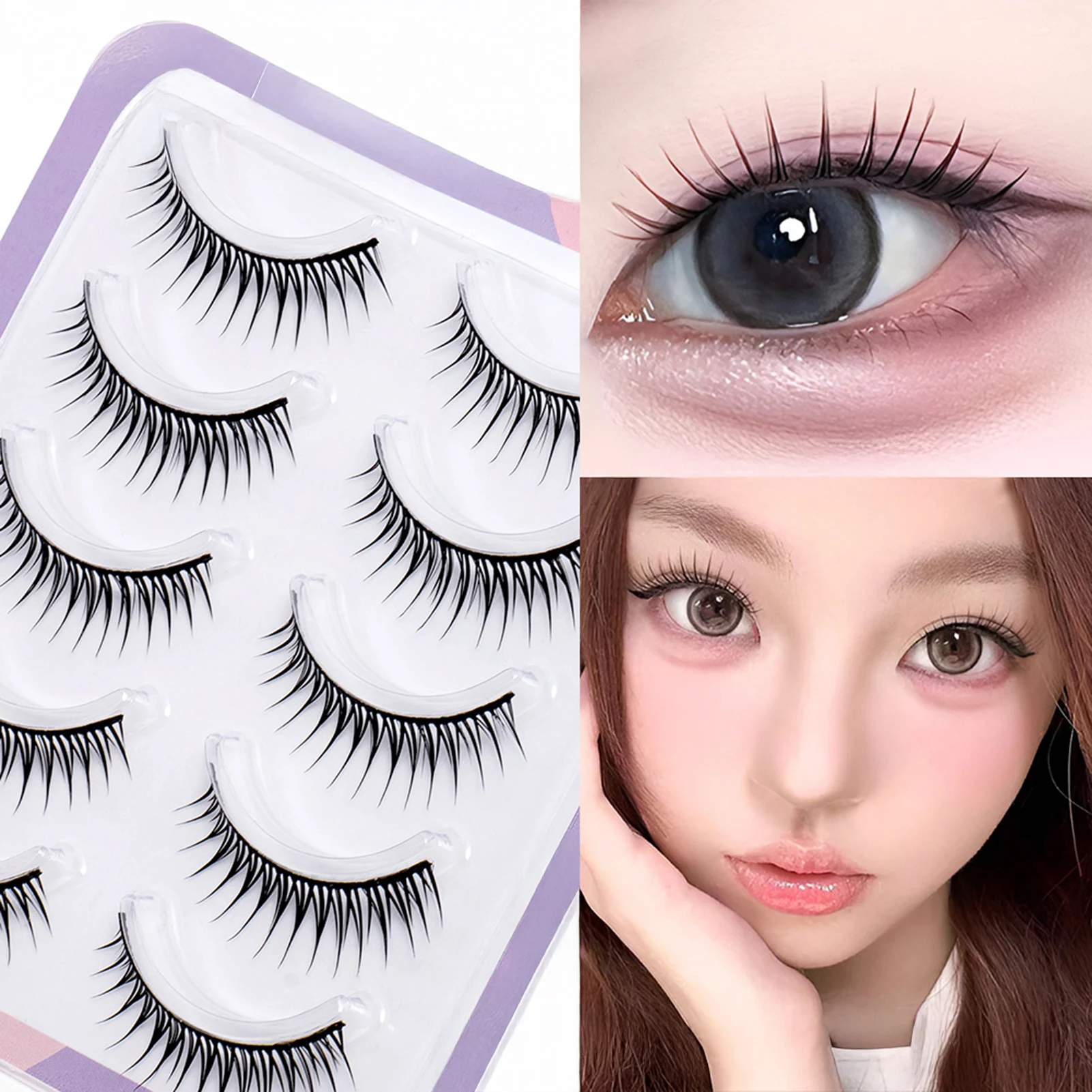 Falsche Wimpern im koreanischen Stil, kleberfrei, Vollstreifen-Wimpern, 5 Paar, Cosplay, Wispy-Streifen-Wimpern für Frauen und Mädchen, Make-up