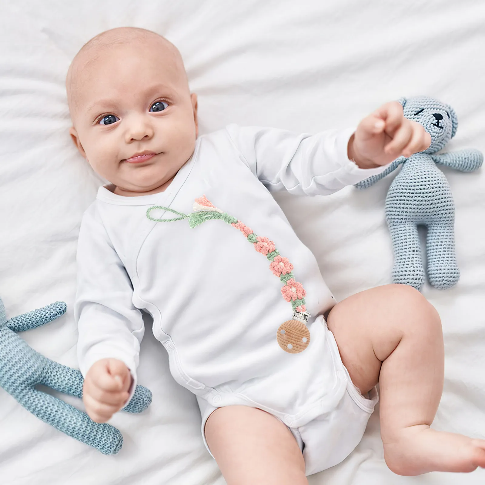 

Boho Daisy Flower Pacifier Clips Baby Girl Handmade Braided Cotton Rope Holder Clip Safe Antiloss Pacifier Strap