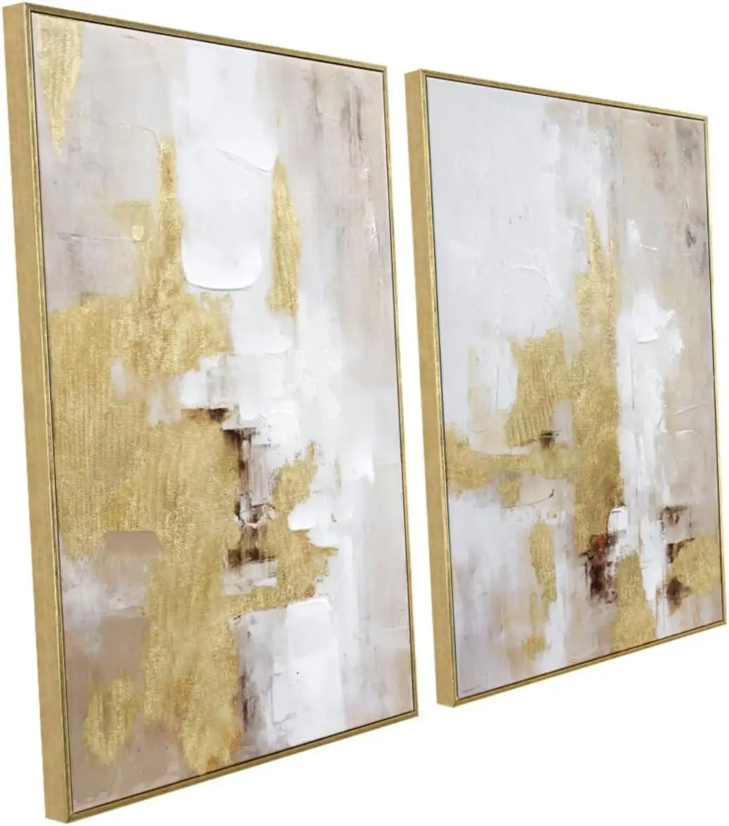 Abstract Gold And Beige Canvas Wall Art – 2 Piece 20 X 28 Inches Framed Prints With Hand-Painted Texture – Neutral Tone Artwork