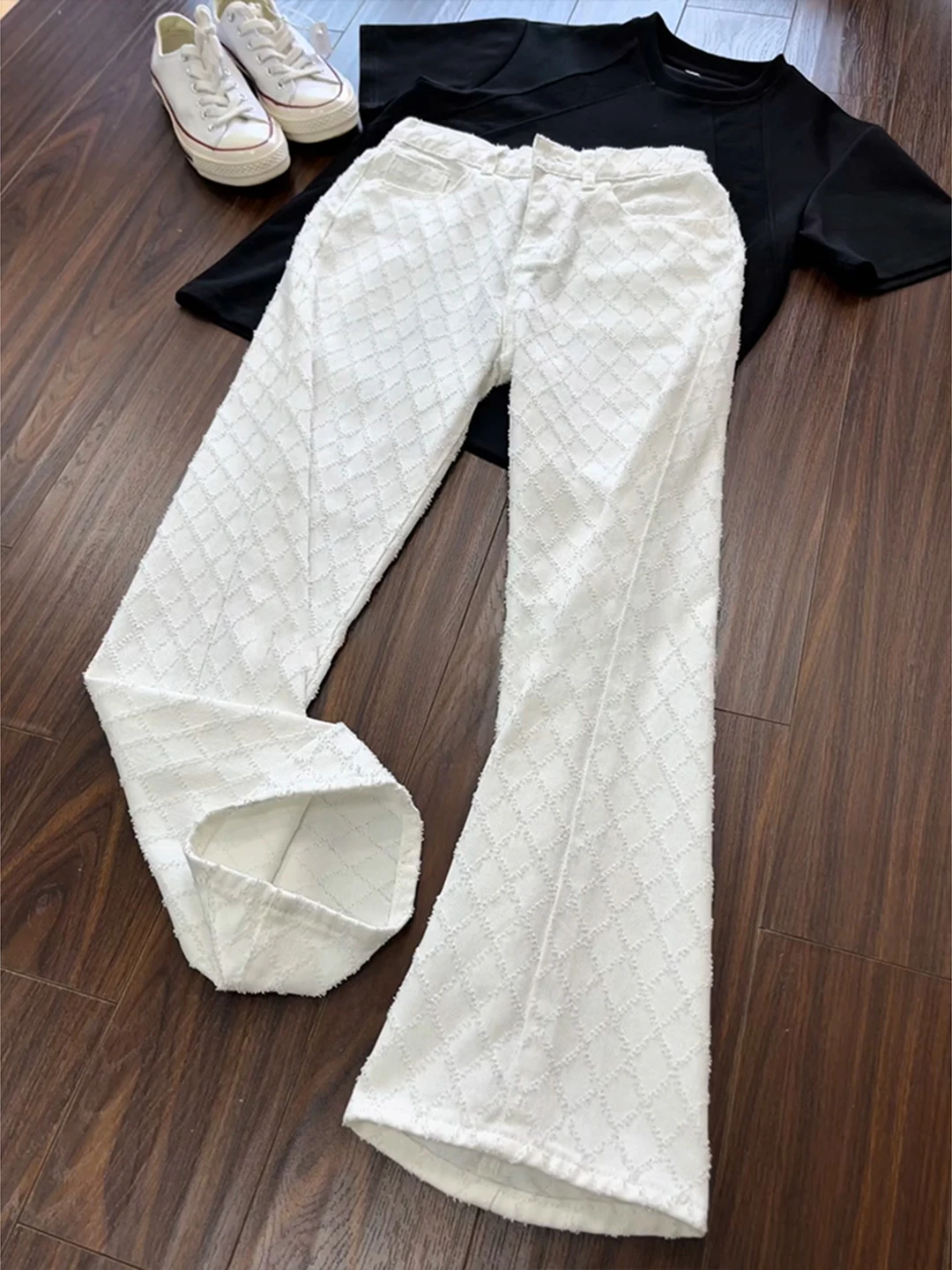 

White Diamond Pattern Men's Straight Leg Jeans Autumn Season Embroidery Design High Street Elevate Slimming Micro Flare Long ...