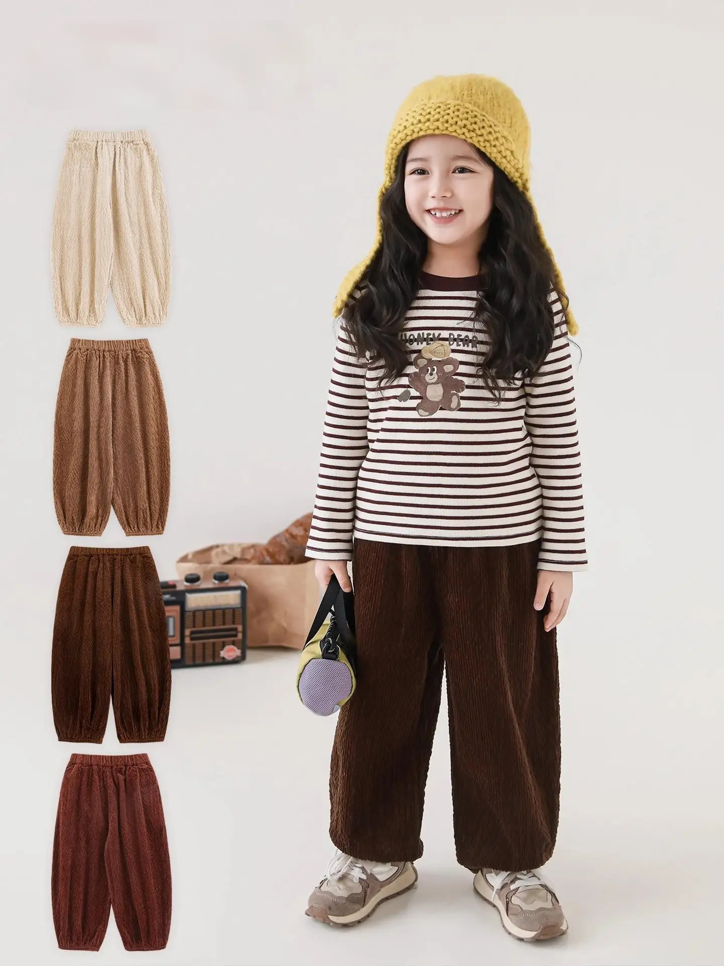 

Винтажные брюки с пузырьковым шнуром для девочек, осень 2022, новые свободные повседневные универсальные вельветовые брюки для детей 1–7 лет