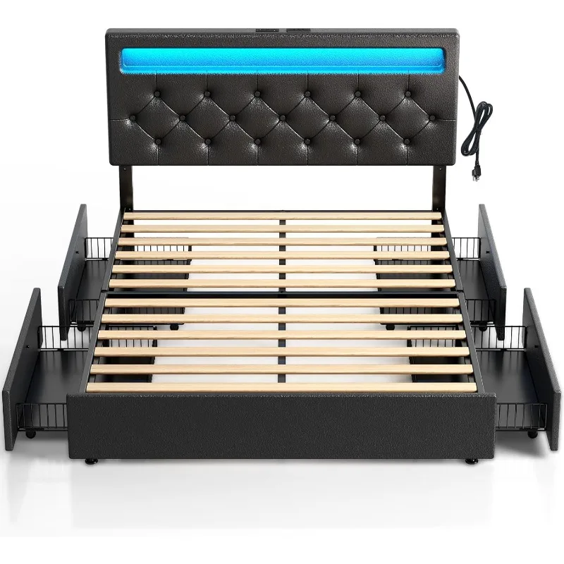 

Каркас кровати со светодиодной подсветкой, USB-порта, кровать из мягкой искусственной кожи с регулируемым изголовьем, 4 ящиками для хранения, пружина не требуется