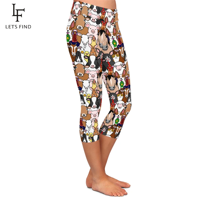 Letsfind alta elástico feminino capri leggings sem costura dos desenhos animados animais de fazenda imprimir cintura alta casual meados de bezerro calças