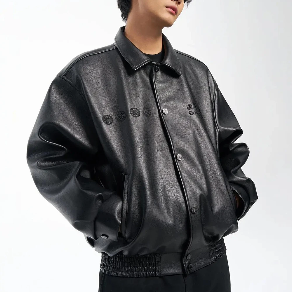 

Зимняя новая мужская кожаная куртка с длинными рукавами и вышивкой, американский ретро-модный модный уличный повседневный свободный нишевый мужской топ