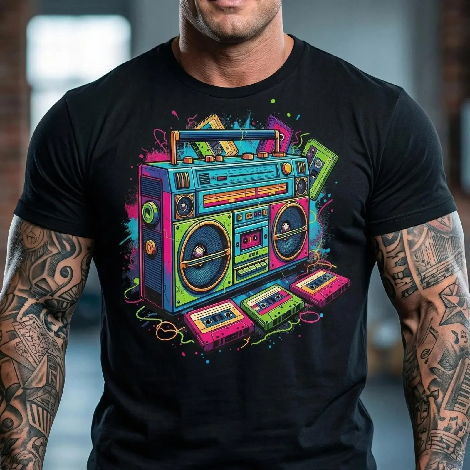 Retro Colorful Boombox Custom T Shirt 80s Cassette Radio  vintage Washed Breathable Unisex Stylish Comfortable Versatile Soft