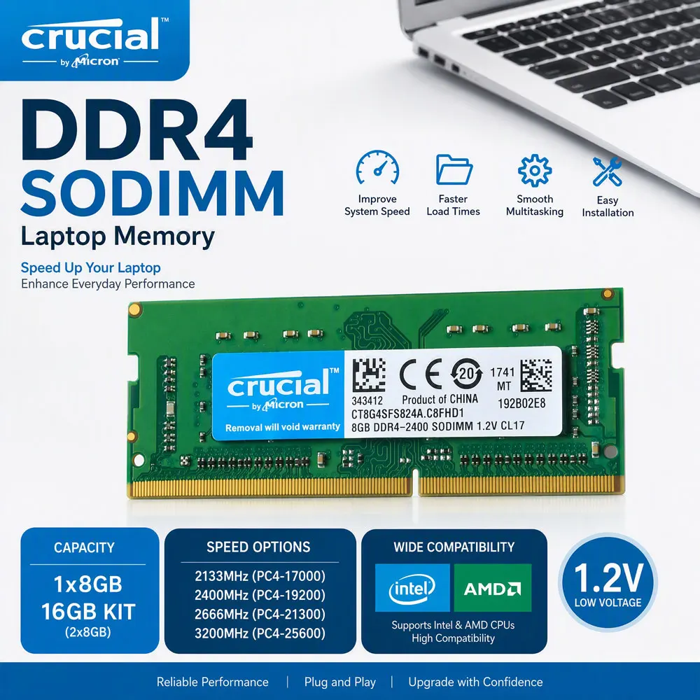 Crucial Memoria Laptop RAM DDR4 4GB 8GB 16GB 2x8GB KIT 3200 2400 2133 2666MHz SODIMM PC4-25600 21300 19200 17000 Notebook RAMs
