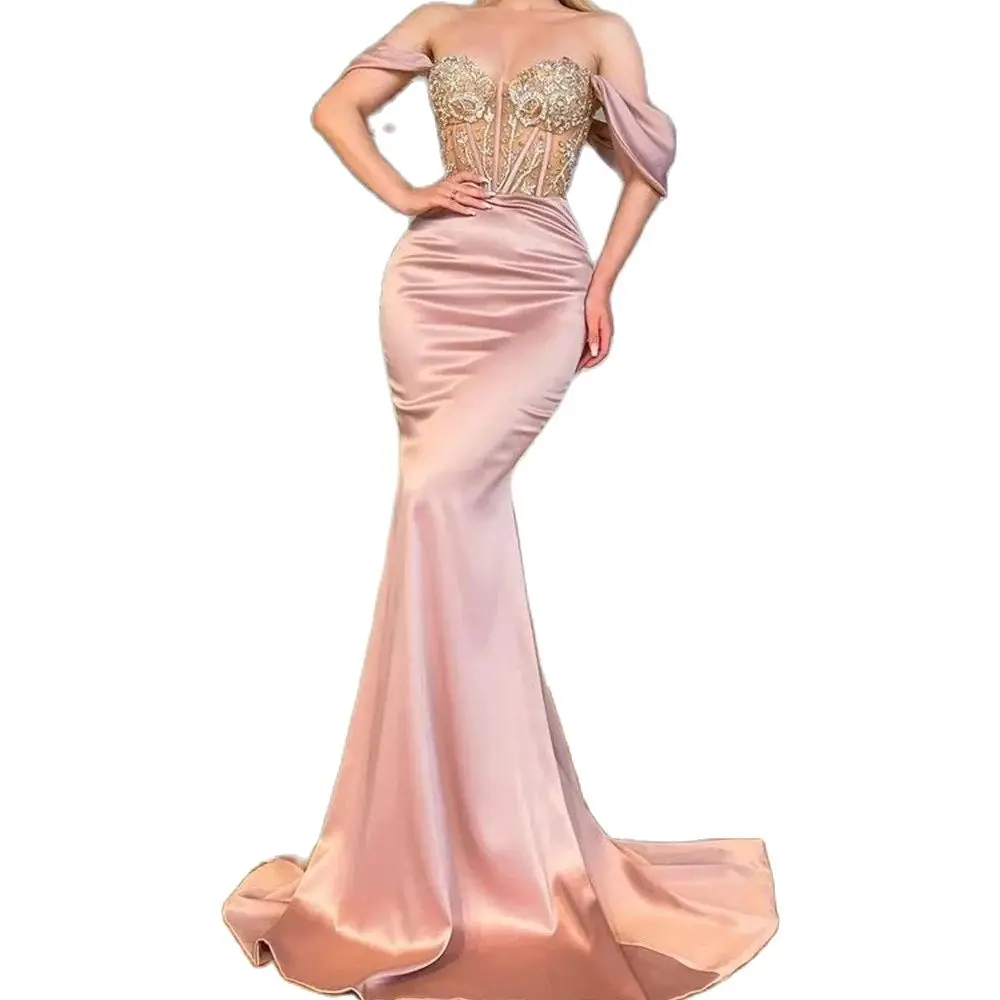 Sexy Evening Dresses Long Luxury Off Shoulder Birthday Party Dress Crystal Beaded Formal Gowns robe de soirée femme Prom Dress