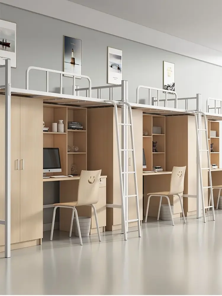 Upper Bunk Lower Table School Staff Dormitory Apartment Wardrobe Combined Bed Simple Thickened Elevated Iron Bed