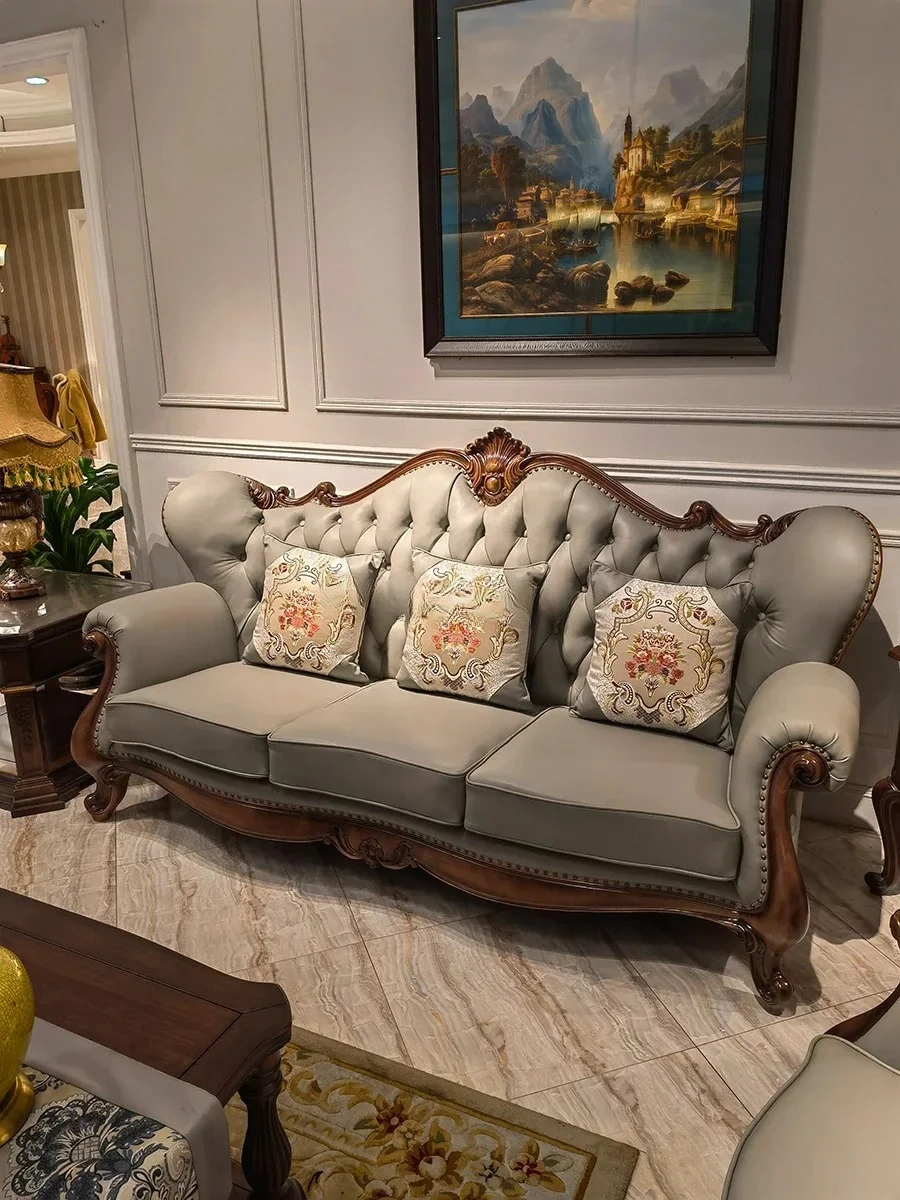

American black walnut sofa solid wood carving flower U-shaped leather sofa
