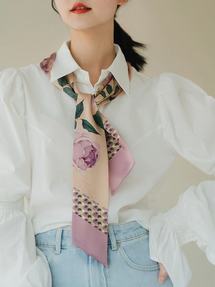 

Original Rose Print Silk Satin Narrow Scarf Hairband Bag Wrap Versatile Accessory for All Seasons Decorative Long Rectangle S...
