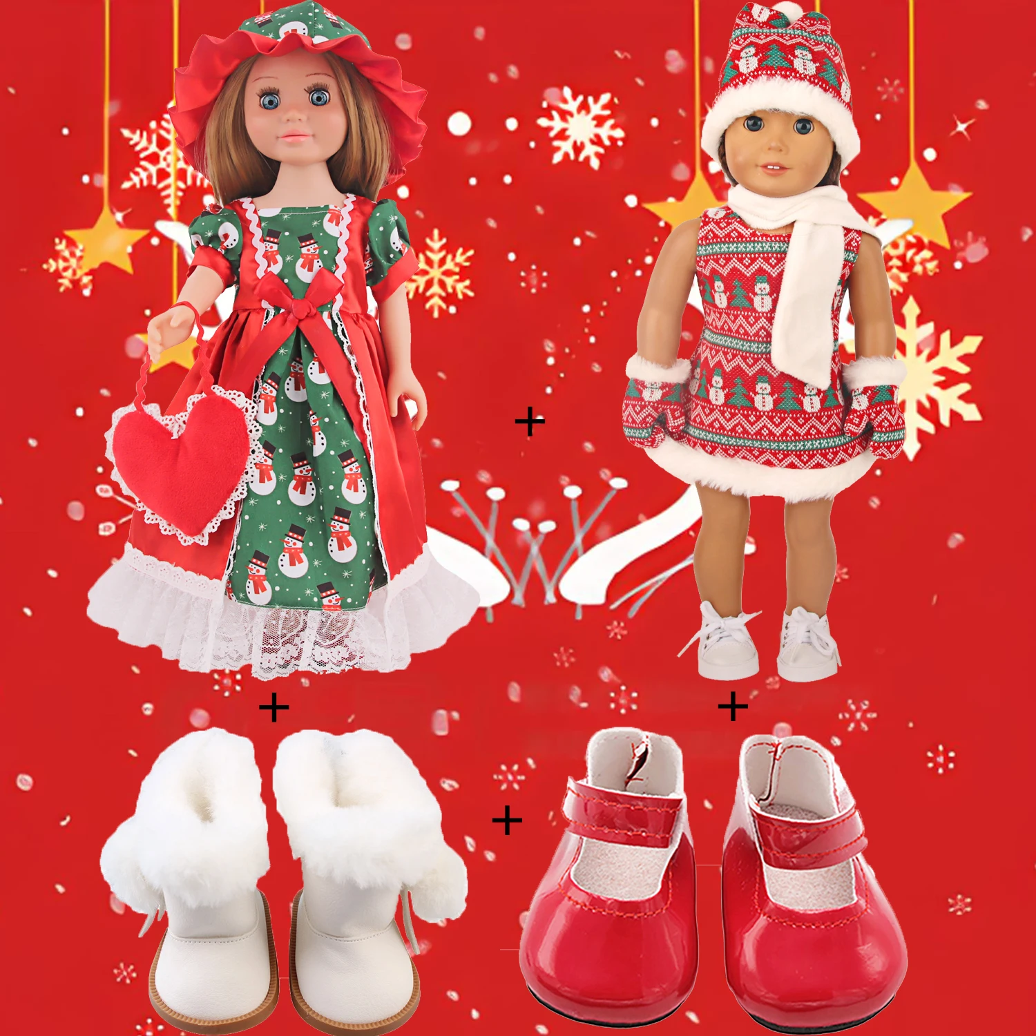 

Платье с бантом + сумка в форме сердца + шапка + свитер + 2 туфли для 18-дюймовой американской куклы, рождественская одежда, костюм для новорожденной куклы 43 см