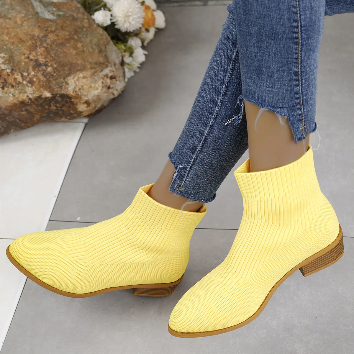 Ankle Sock Boots for Women Fashion Medium Heel Pointed Toe Knitted Short Chelsea Boots Female Casual Heeled Shoes Footwear Pumps