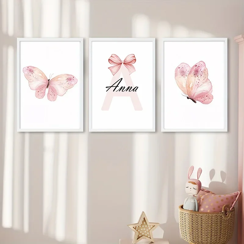 Baby Custom Name Butterfly Posters Personalized Pink Girls Room Decorative Canvas painting Nuesery Kids Bedroom Wall Art Decor