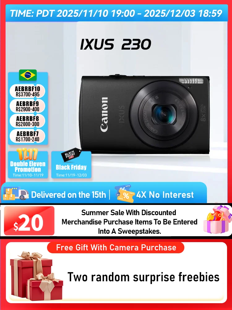 Canon IXUS 185 IXUS 230HS Portable Small Card Digital Camera 8X Optical Zoom Lens 1080P HD Video Cameras ELPH 185 ELPH 310（Used）