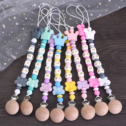 Round Wood Baby Dummy Holder Clip Crown Butterfly Silicone Beaded Teether Custom English Letter Name Pacifier Chain Nursing Toy