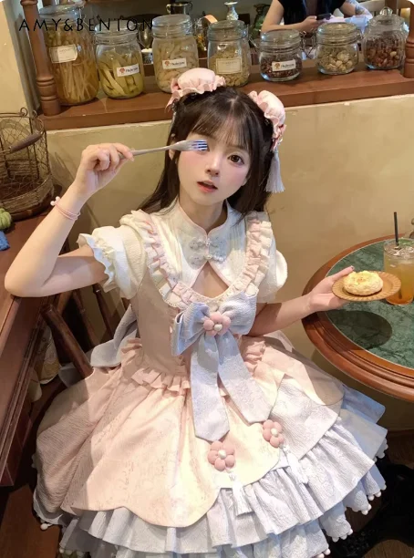 

2026 Summer New Chinese Style Women's Cute Sweet Bow Floral Appliqué Waist-Cinching Slim-Fit Pink and Blue Short Lolita Dress