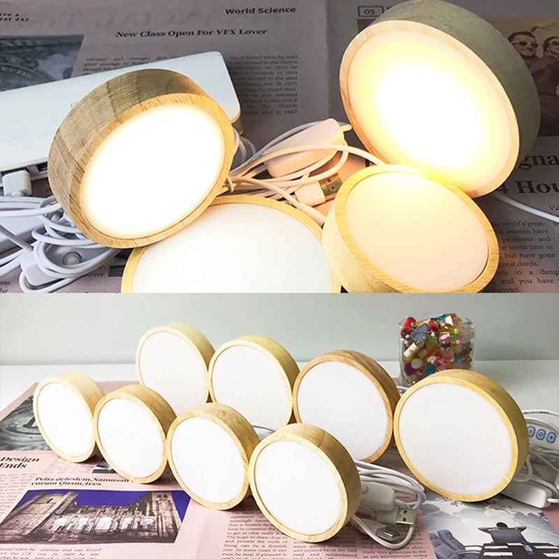 1Pc Hout Rond Led Nachtlampje Basis Kunst Display Houder Usb Lamp Voor Kristallen Glazen Bal Hars Kunst Decoratie 100Mm