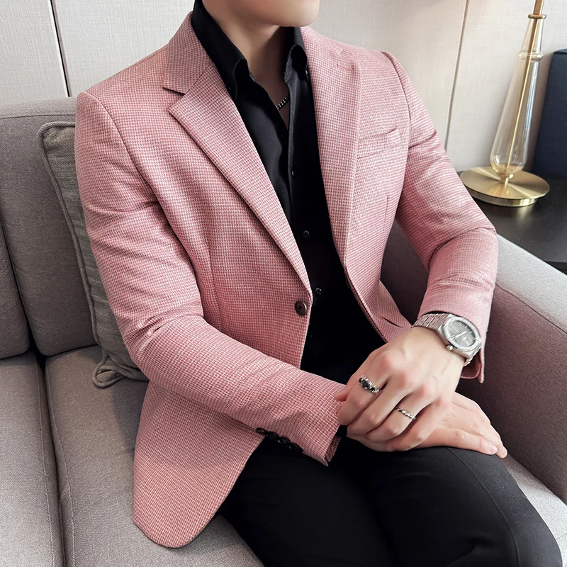 

Яркий шелковый пиджак с сеткой «Тысяча птиц», деловая мода в корейском стиле, приталенный однобортный мужской костюм для социальных вечеринок, пальто