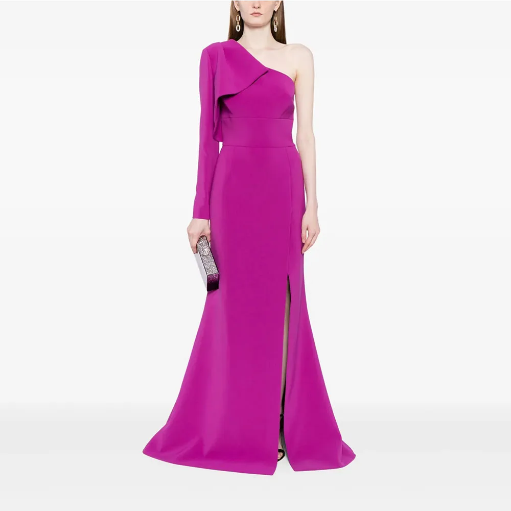 

One Shoulder Women's Evening Gown Mermaid Floor Length Formal Wedding Party Dress Long Sleeve Saudi Dress Slit Prom Dress