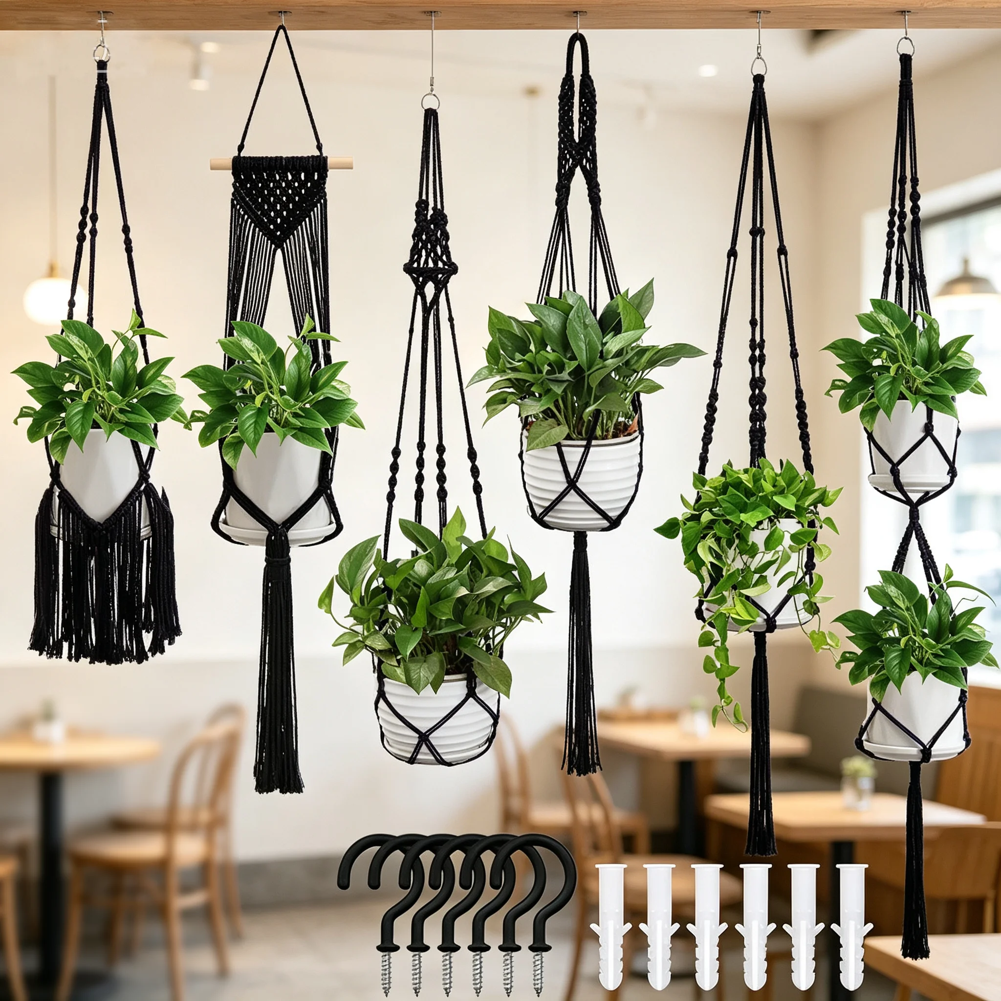 6-Pack Set Boho Nordic Hand‑Woven Macrame Plant Hanger Set, Cotton Jute Rope Hanging Basket for Home Balcony Decor