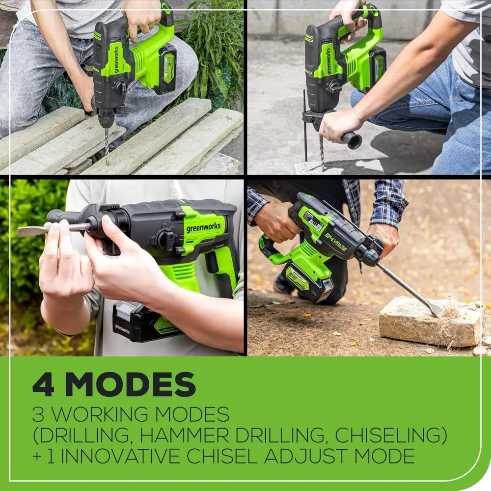 مطرقة دوارة لاسلكية 24 فولت، 2.1 جول، مثقاب SDS Plus بدون فرش، 4 أوضاع، ضوء LED، بطارية 4 أمبير في الساعة، أداة طاقة طويلة العمر