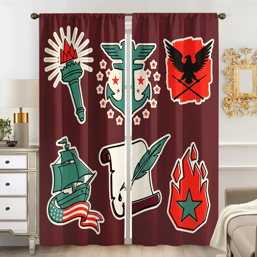 2PCS Curtains, Retro American Symbol Print with Liberty Torch, Anchor, Bald Eagle, US Flag Sailboat, Feather Scroll and Star Fla