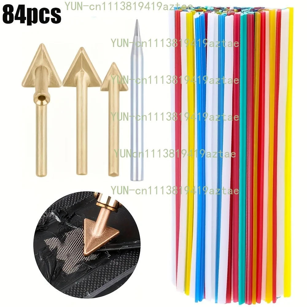 The 84-piece plastic welding rod set contains 4 welding heads and is a multi-color PP/PVC/PE plastic welding rod for car bumpers