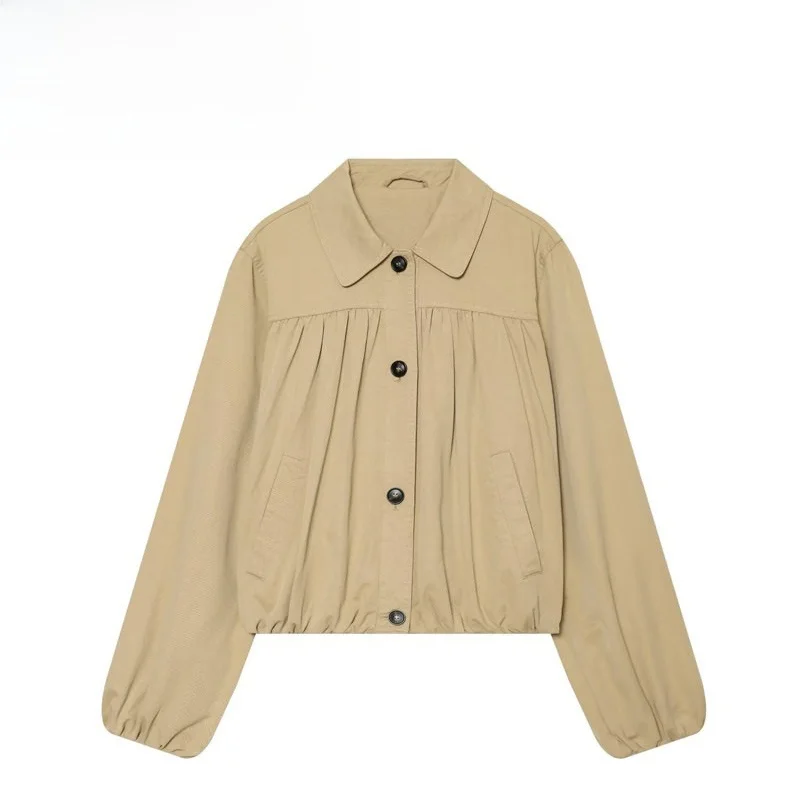 Fashionable Balloon Jacket Outerwear for Women Versatile Elegant Style Long Sleeve Polyester Fiber Button Closure No Hat