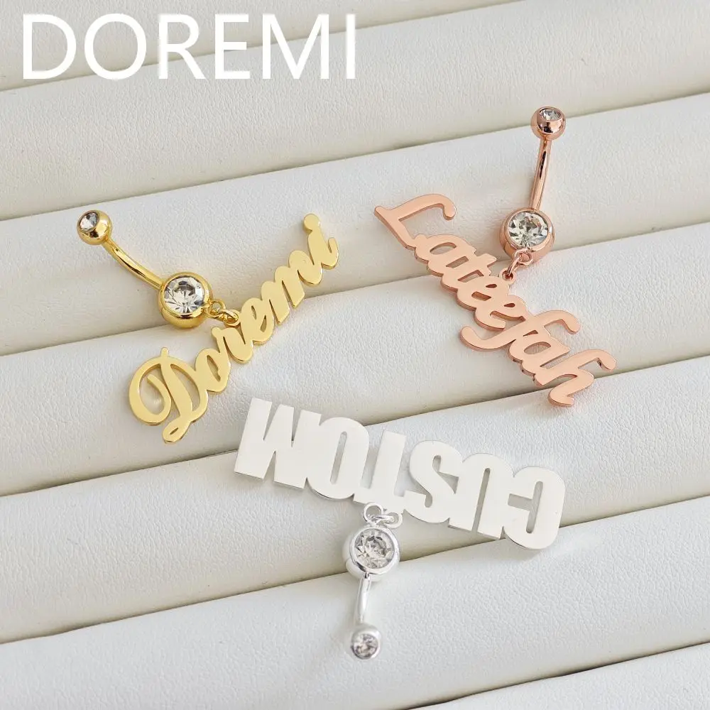 DOREMI Women Custom Name Belly Ring Custom Body Jewelry Zircon Personalized Heart Letter Belly Ring Navel Nail