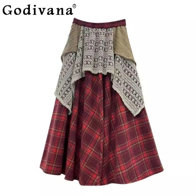 

Big Size Exotic Style Red Plaid Elastic Waist Hollow Simple Skirt Girl Spring Autumn Splicing Long A-line Loose Versatile Skirts