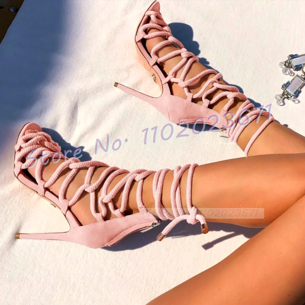 White Gladiator Rope Sandals Women Trends High Heels Cross Tied Open Toe Shoes Female Summer Outfit Lace-up Roman Dress Sandals