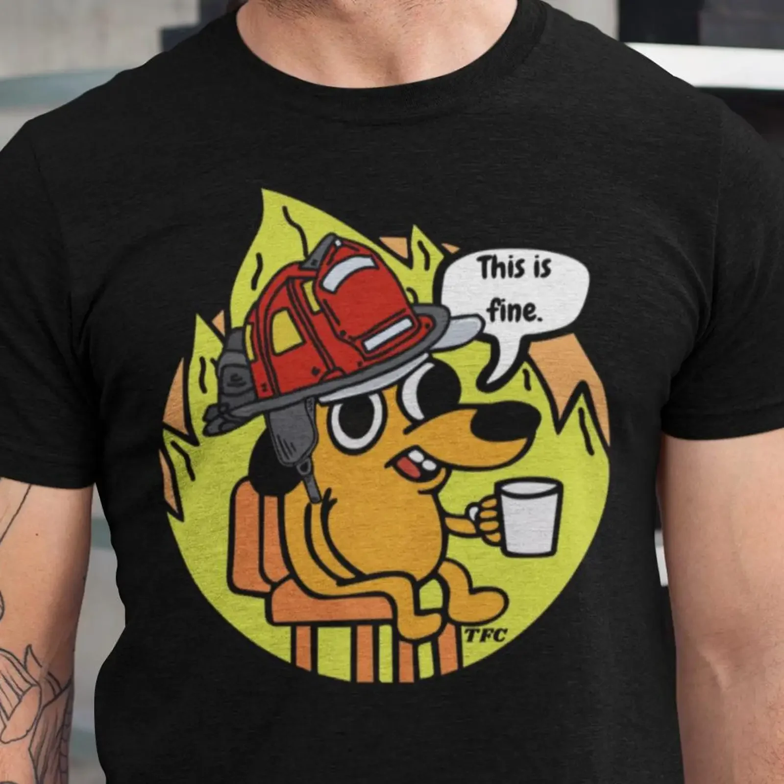 This Is Fine Firefighter Dog Meme T Shirt Funny Firehouse Humor First Responder Fire Dept  vintage Washed Stretched streetwear