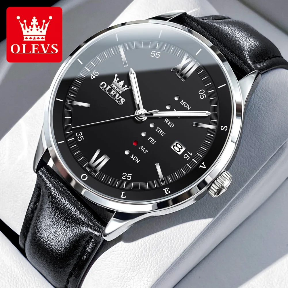 Olevs original import werk quarzuhr für männer leder armband wasserdicht leuchtende persönlichkeit woche display armbanduhr