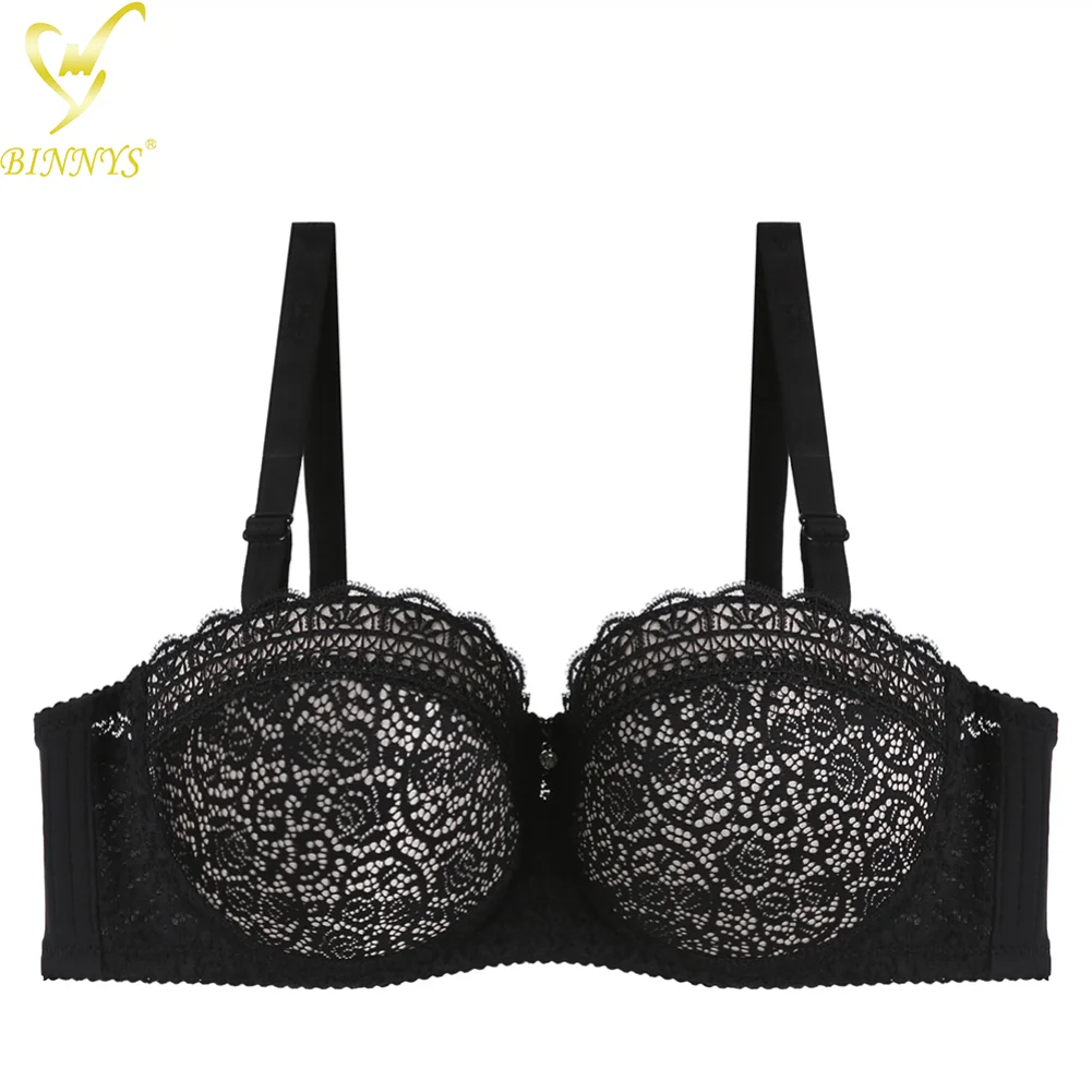 Binnys Half Cup Women's Bra C Cup Thin Female Lingerie Lace Strap Back Seal Three Hook Sujedator Underwire Ladies Bra