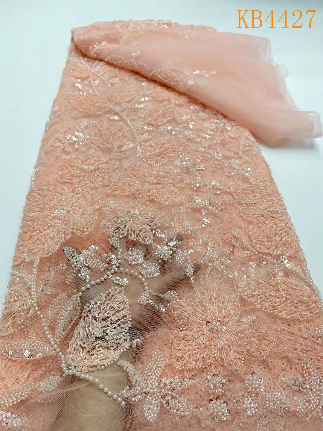 

Luxury African Lace Fabric Beaded French Mesh Lace Fabrics High Sewing Pearl Lace Wedding Sequence Tulle Lace For Wedding KB4427