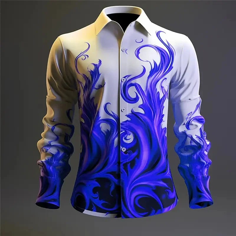 Vlam Patroon Hawaiian Shirts Voor Mannen Kleurrijke 3d Bedrukte Blouse Casual Losse Harajuku Aloha Shirts Lange Mouw Revers Knoop Top