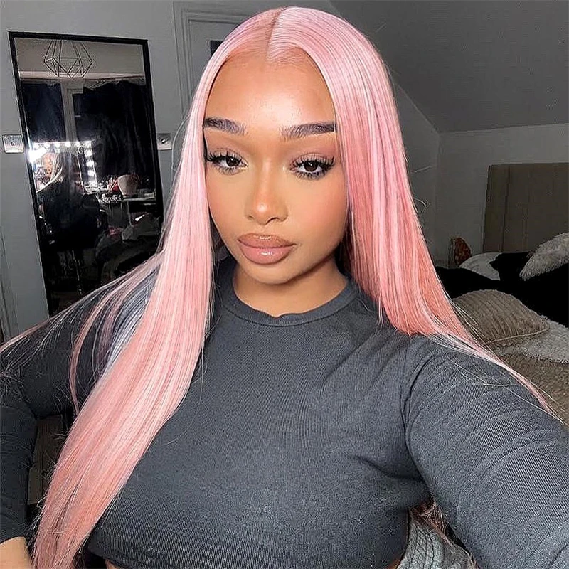 Light Pink Long Straight Wig Synthetic Hair Pink HD Transparent Lace Front Wigs Heat Resistant Wig Silky Straight Pink Hair