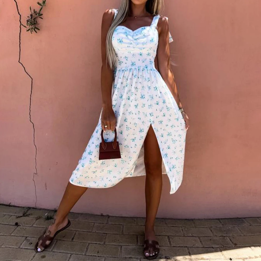 Abito longuette da donna Boho floreale con spalline con scollo a V e lacci con spacco alto Abito estivo da donna per le vacanze al mare Abito estivo a trapezio Taglia S-2XL